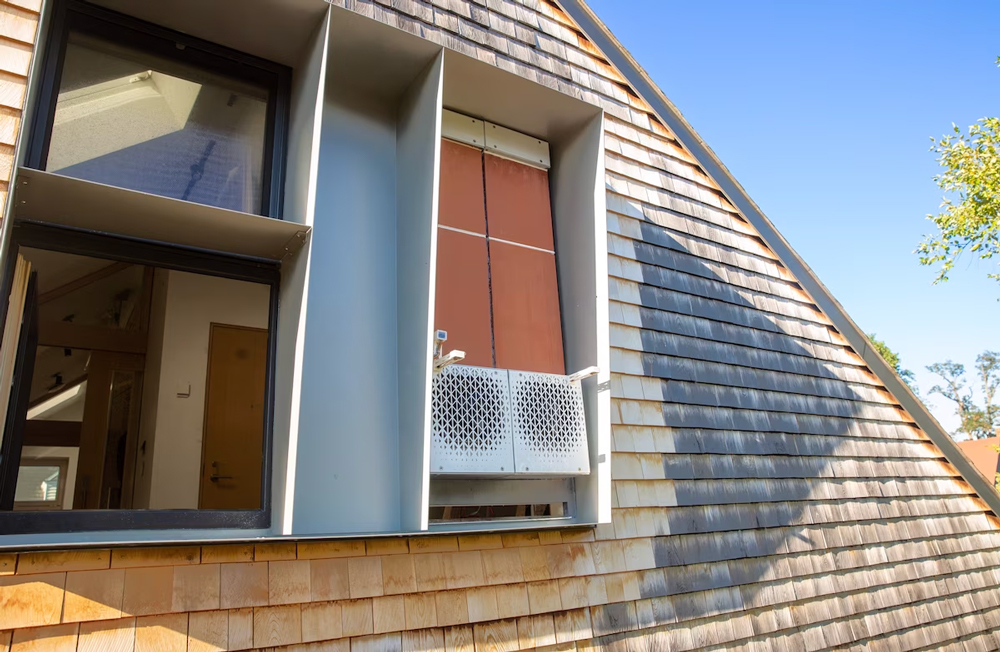 Window shot of House Zero with evaporative cooling prototype installed
