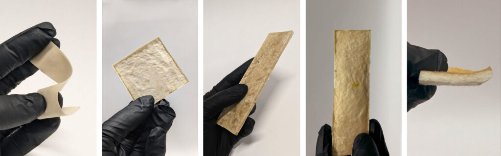 Five photographs of films, fiberboards, and coated felt.