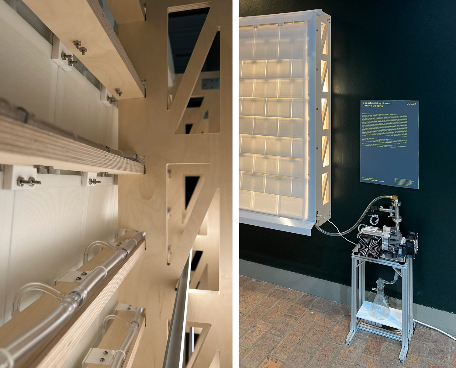 Detail shot of tubing behind dehumidification system (left), Image of vacuum pump next to system (right)