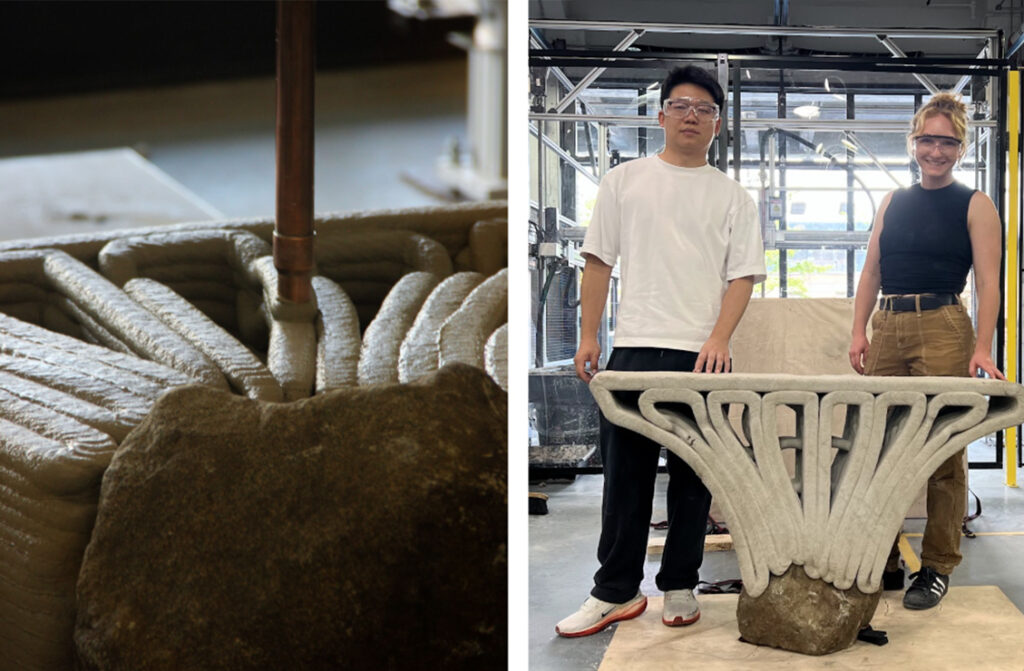 Detail shot of cement printing and two people standing behind final print