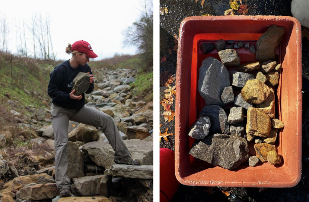 Photo of a person collecting stones and a container filled with waste stones