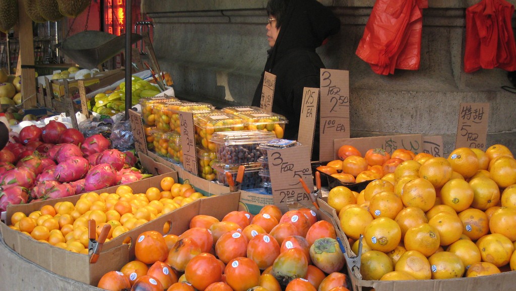 Variety of colorful fruits at farmers market. 