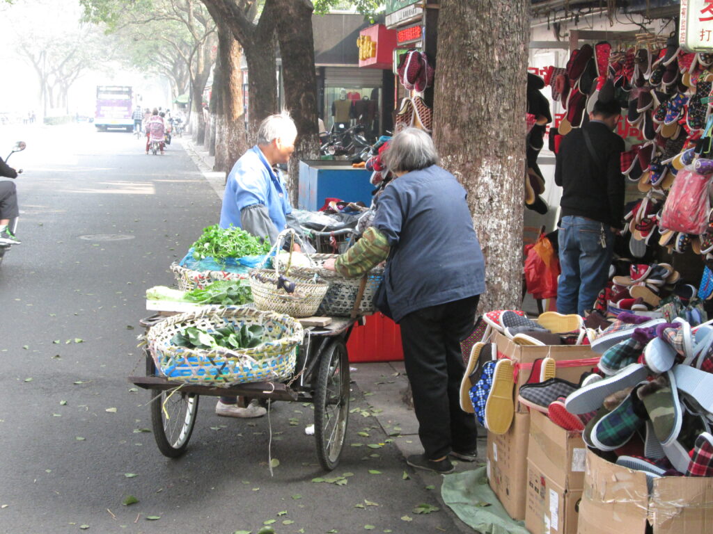 Two elderly women stand by a stall selling herbs in a Chinese market.