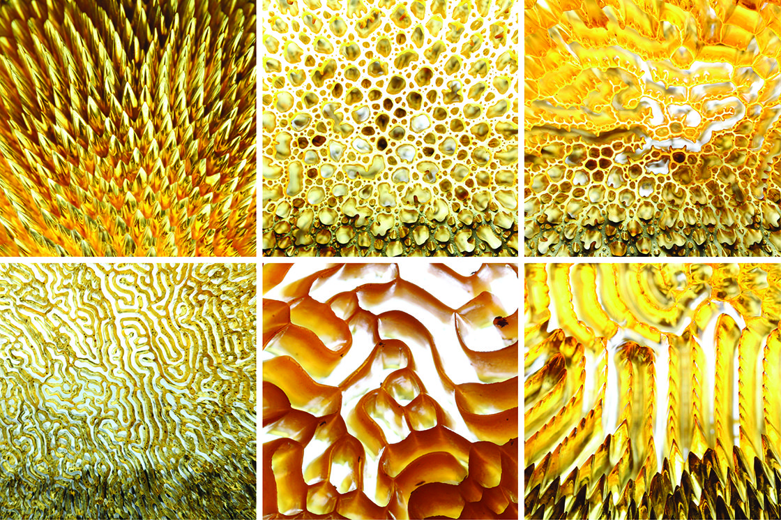 Detail images showing the range of patterns generated in epoxy resin by varying the magnetic field strength, quantity of ferrofluid, and amount of casting medium