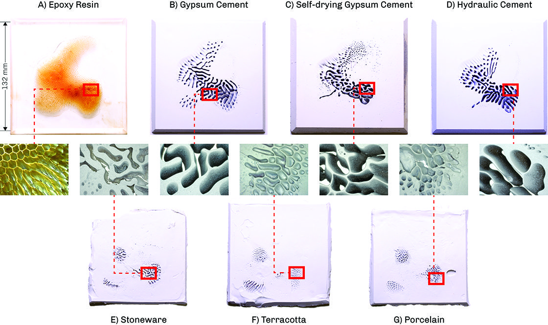 Pictures of tile casts generated in a range of materials using the same magnetic field
