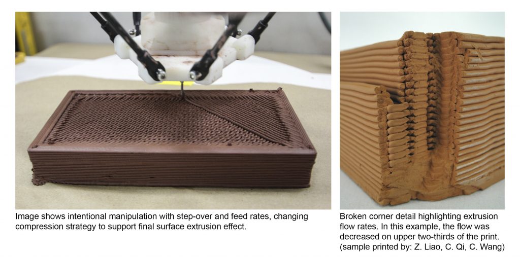 Left is an image showing intentional manipulation with step-over and feed rates, changing compression strategy to support final surface extrusion effect. Right is an detail image showing broken corner that highlights extrusion flow rates