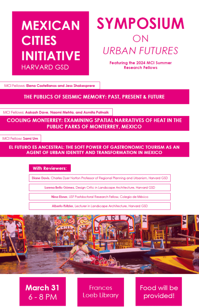 MCI Symposium on Urban Futures promotional poster featuring an image of a woman paddling a lancha in Xochimilco