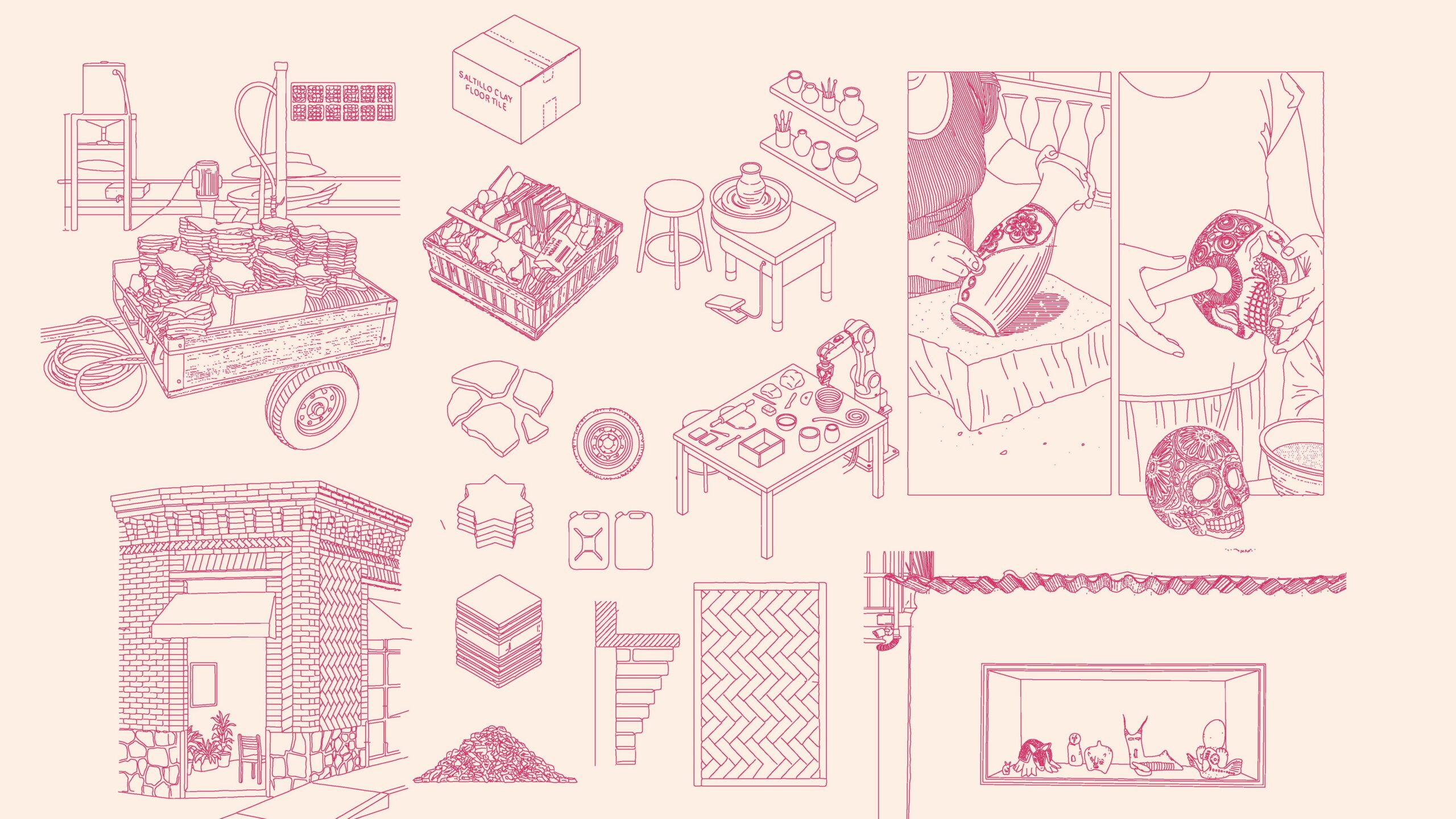 Collection of household and studio items related to clay production