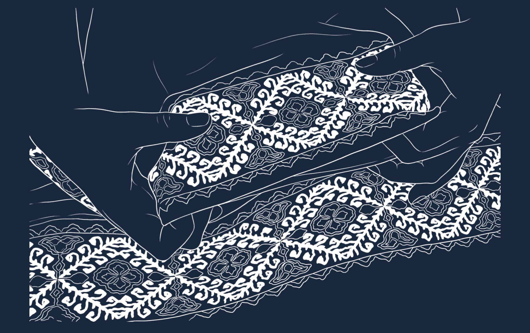 Dark blue drawing of textiles with white geometric line patterns