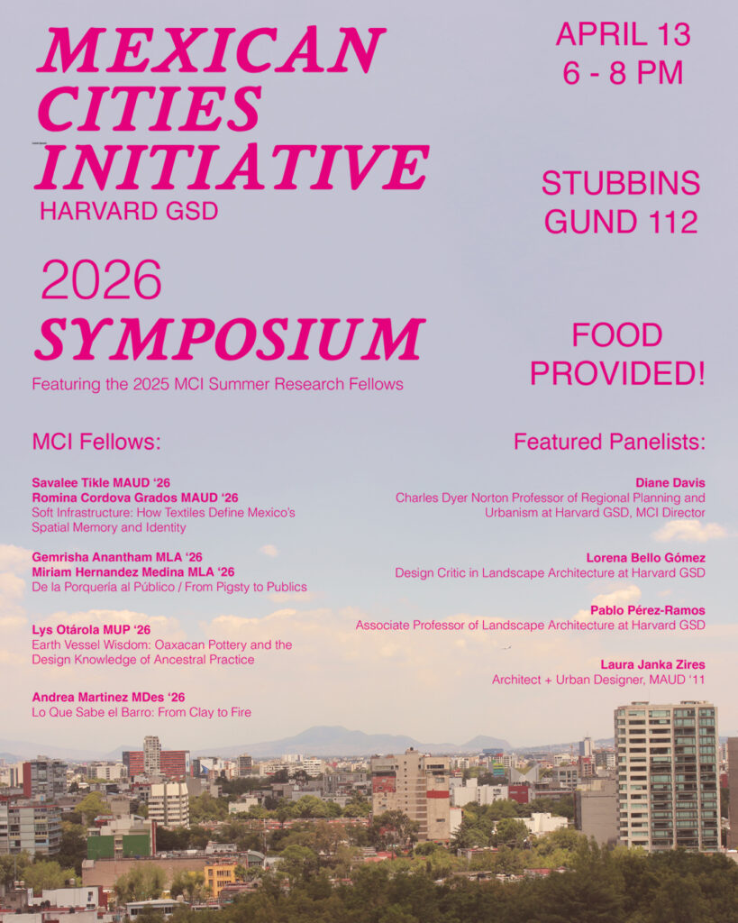 Promotional poster for 2026 MCI Symposium with event details. Background image of Mexico City skyline with mid-rise apartment buildings, dense tree canopy, and mountains in the distance