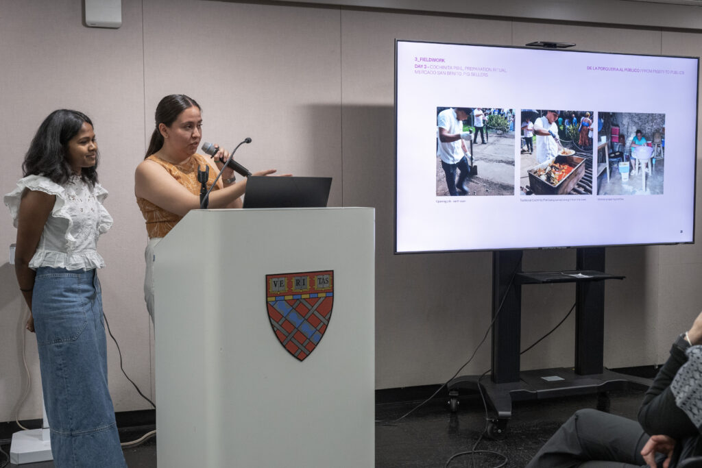 Speaker presenting at a podium beside a screen showing photographs