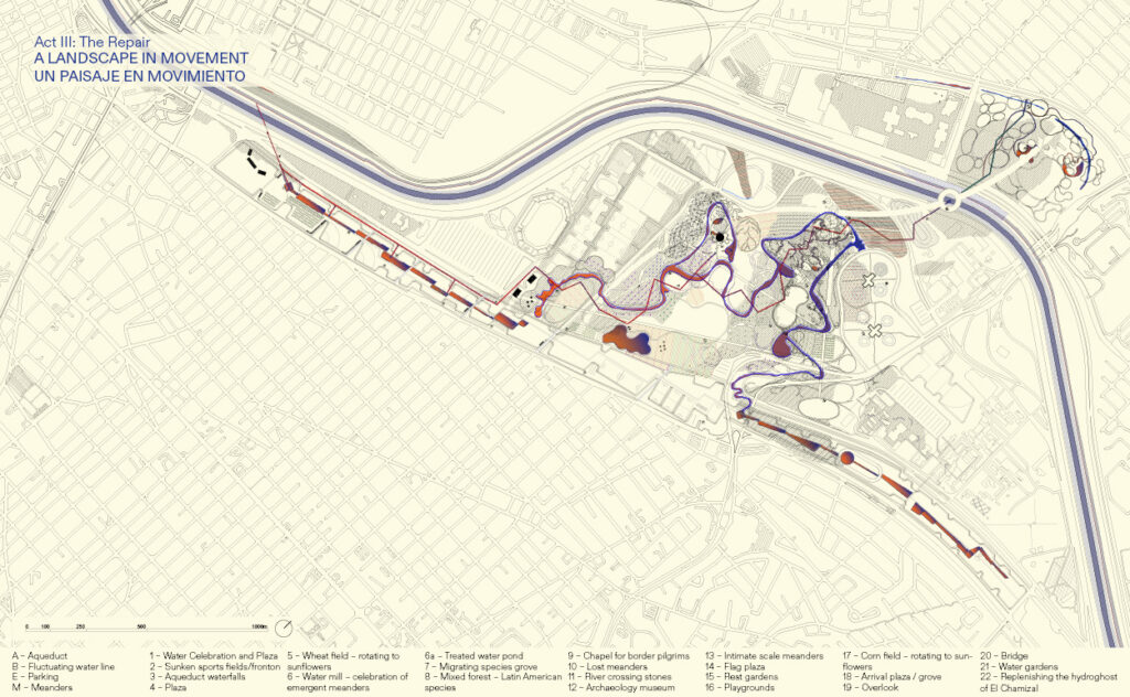 Site plan of El Chamizal, introducing a landscape in movement a miniaturized meander is reintroduced to the site in a fluid form, while a straightened aqueduct traverses it, representing the politicized form of water.