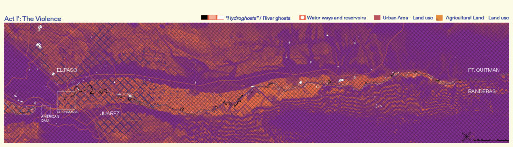 A hydroghost map: the American Dam and the El Chamizal site are located on the left side. The right side shows approximately 300 km of meanders across the landscape, crossed by a channelized river
