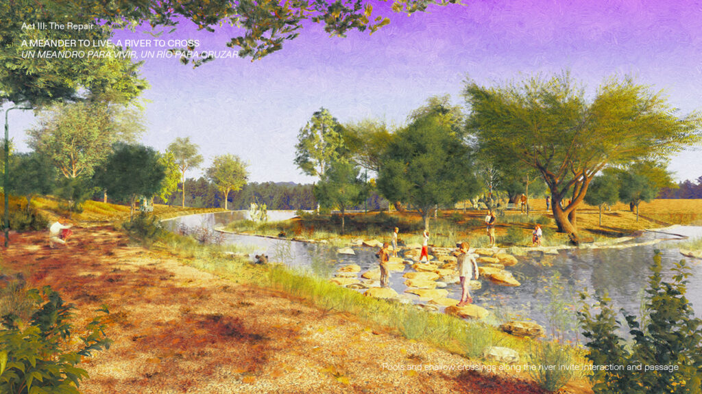 A meandering water body is crossed by five children. The water is shallow, and a few rock steps allow passage. People contemplating the landscape can be seen nearby.