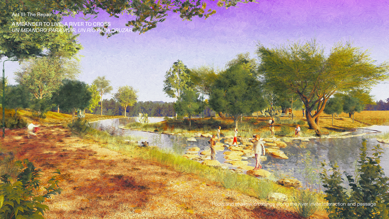 A meandering water body is crossed by five children. The water is shallow, and a few rock steps allow passage. People contemplating the landscape can be seen nearby.