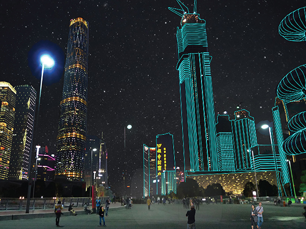 an image of a city, half photo, half drawn