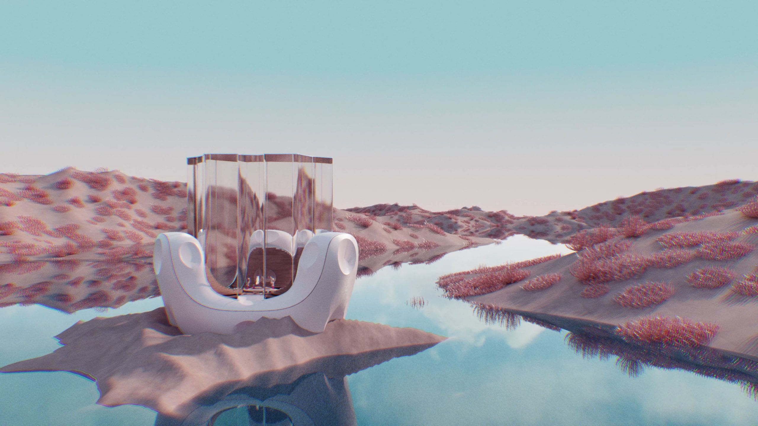 Render of pink hills and a reflective river