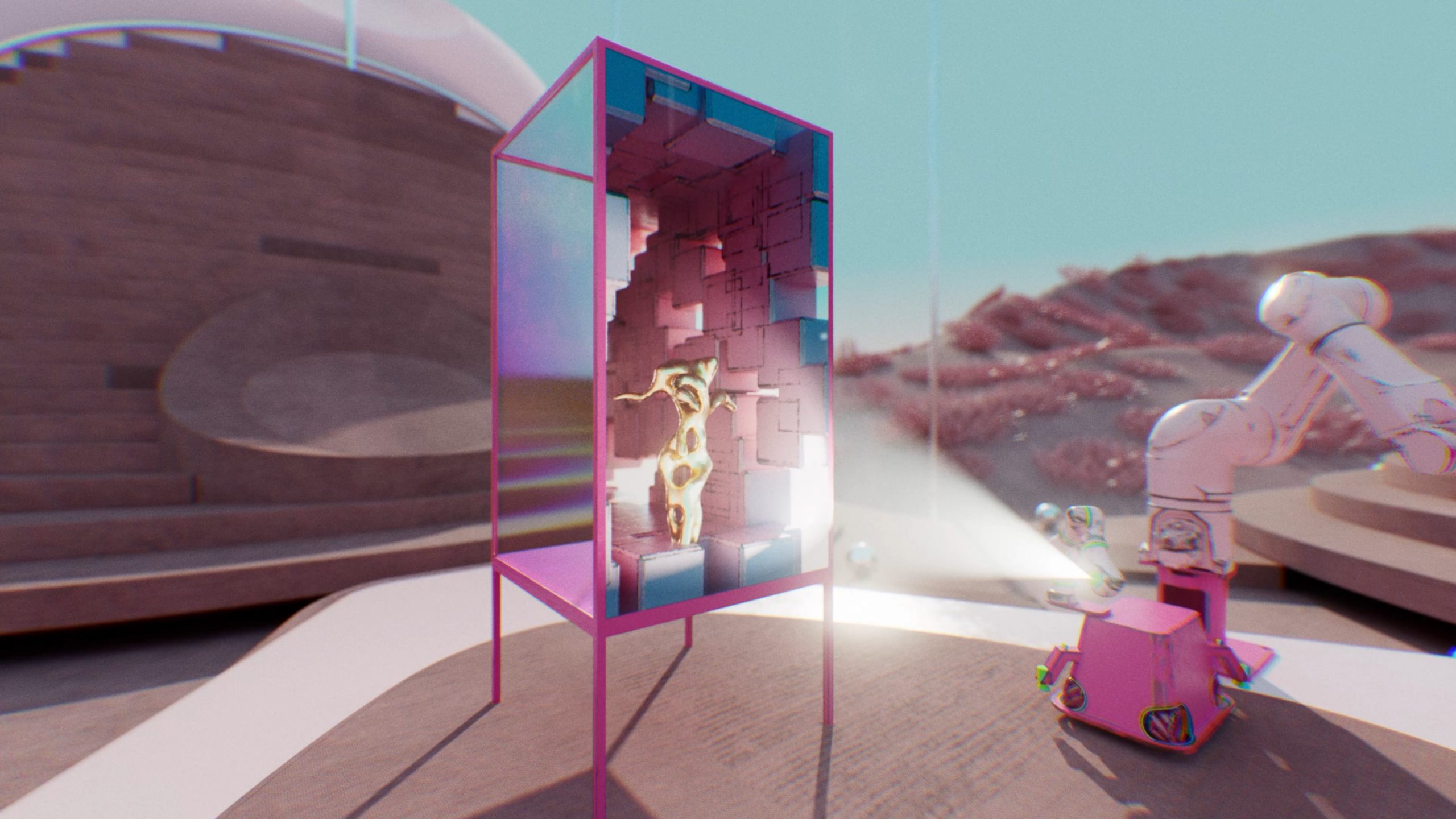 A pink robotic arm and a closet of mirrors.