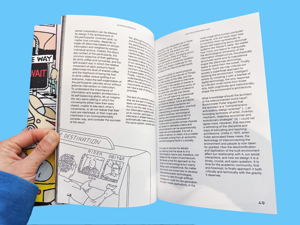 Image of inside pages of a book with a black and white line illustration