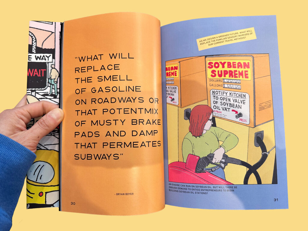 Book exerpt with text and illustration of a woman fueling her car.